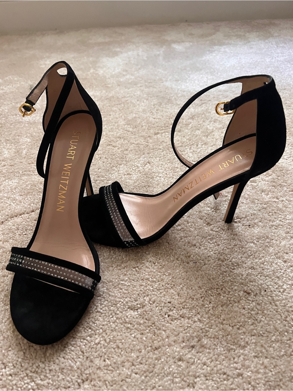 Stuart Weitzman Black Suede Ankle-Strap Heels with Crystal Band